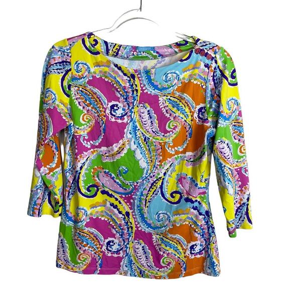 J McLaughlin Top Women's S Boat Neck Catalina Cloth 3/4 Sleeve Colorful Paisley - Picture 1 of 9